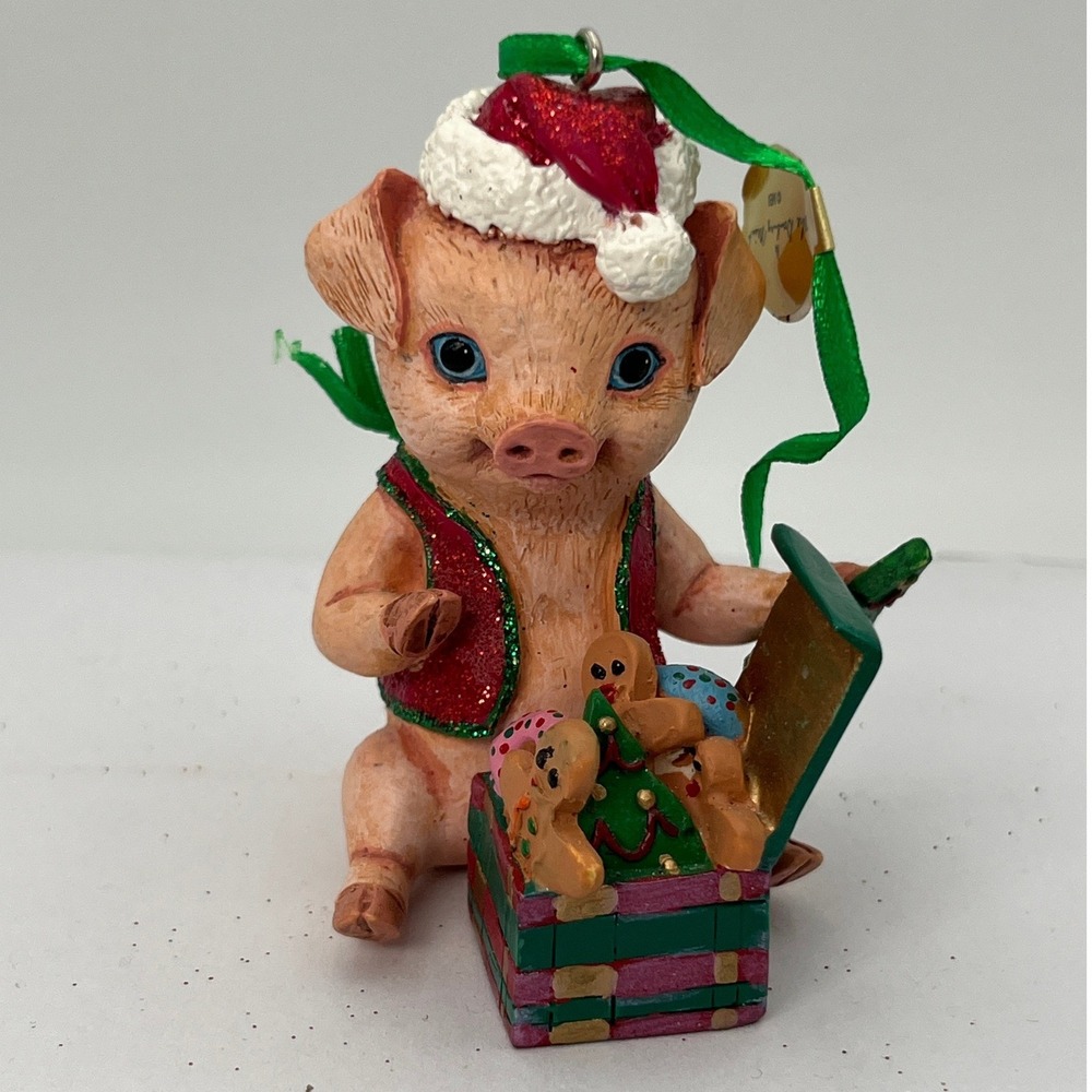 Danbury Mint Pig Ornament Christmas Pink Santa Hat Gingerbread Piggy